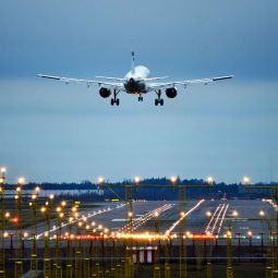 Airplane landing to runway at airport